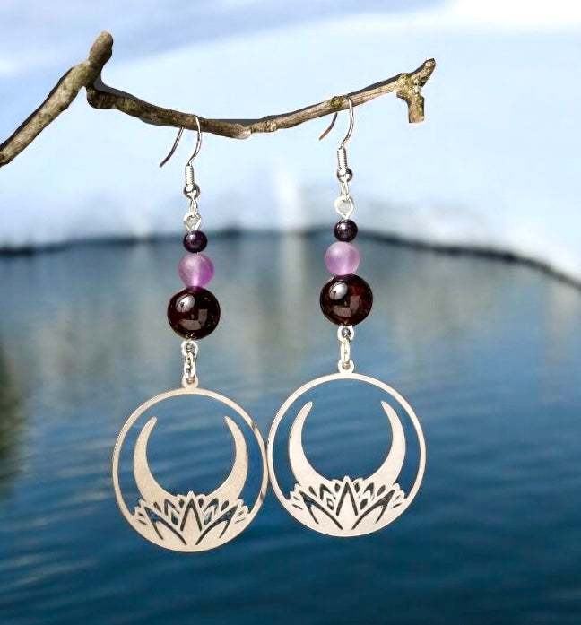 Crescent Moon Lotus Earrings with Garnet & Amethyst