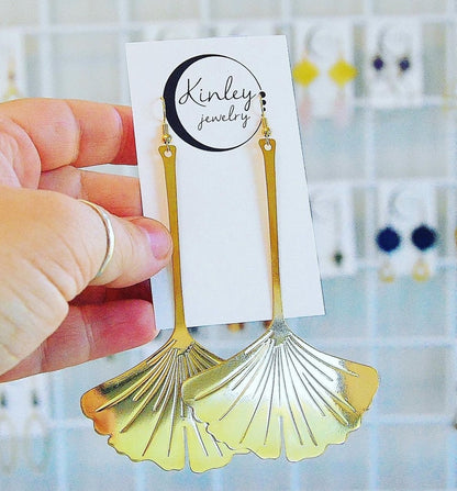 Shiny Gold Huge Gingko Leaf Earrings