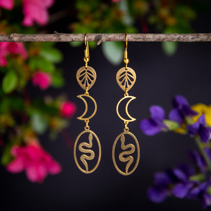 Snake Moon Leaf Nature Totem Earrings